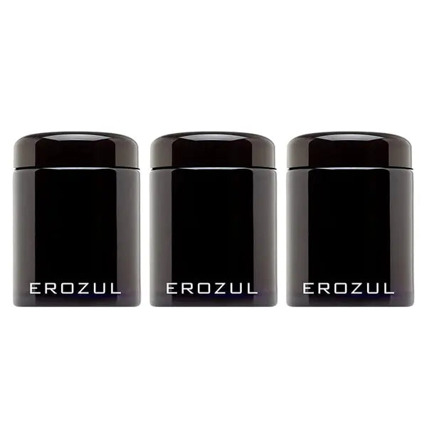 Three identical Erozul 100ml Screw Top Wide Mouth Glass UV Jars, each with an airtight lid for smell-proof storage, are arranged side by side against a white background.